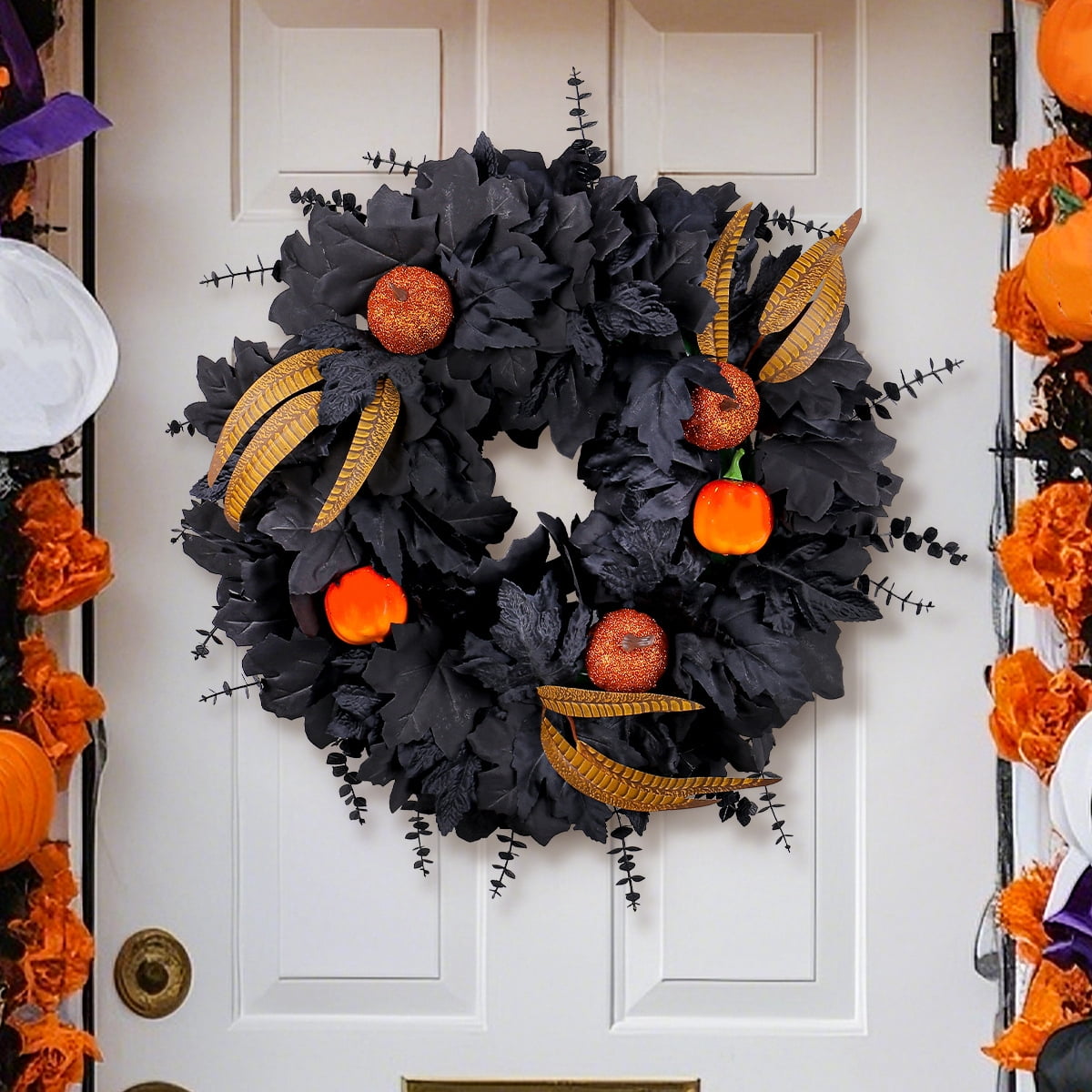 Halloween Wreath for Front Door, 20 Inch Black Maple Leaf Wreaths with Light, Pumpkin, Halloween Atmosphere Haunted House Decor, for Indoor,Outdoor,Wall Window,Porch,Farmhouse,Home,Party Decoration
