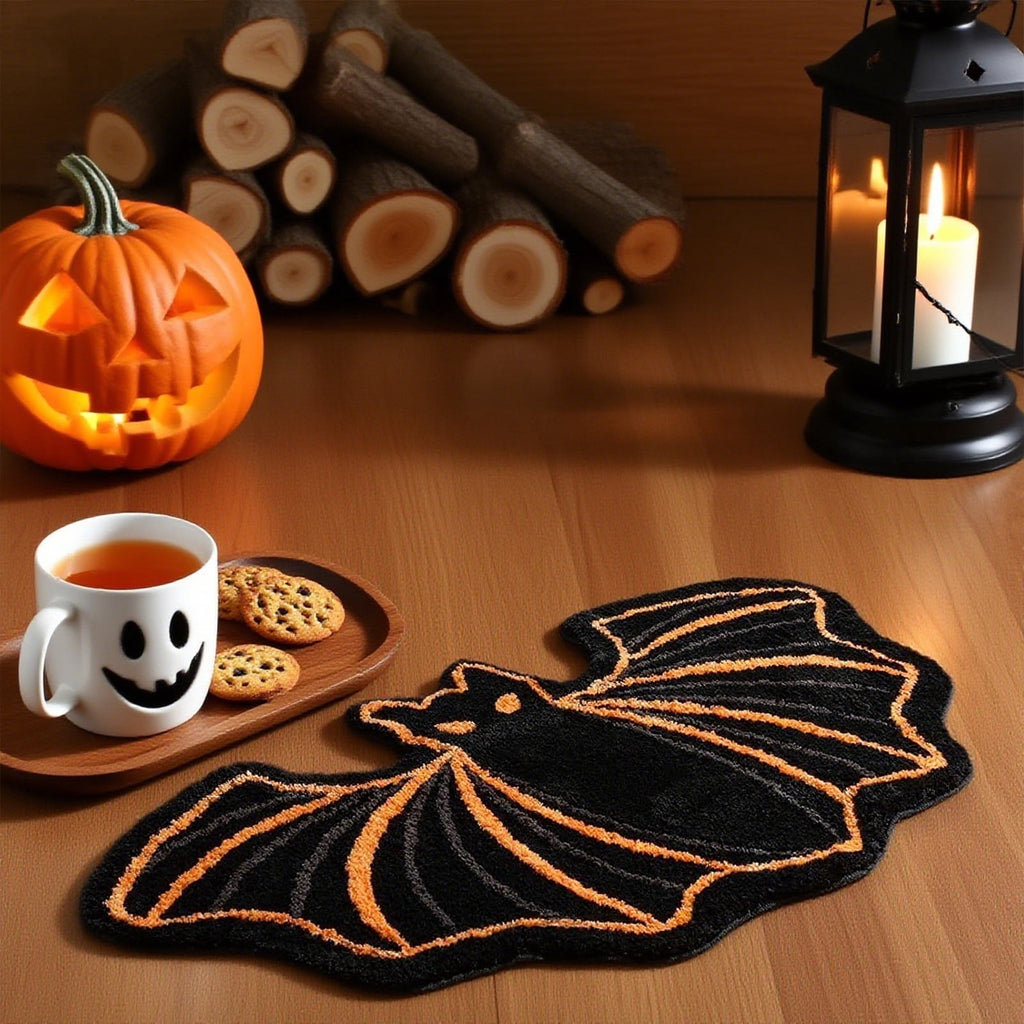 SDJMa Halloween Bat Bath Mat, Black Orange Washable Non-Slip Faux Fur Bat Floor Mat for Halloween Holiday Home Bathroom Bedroom Gothic Decor, 15.7"x23.6"