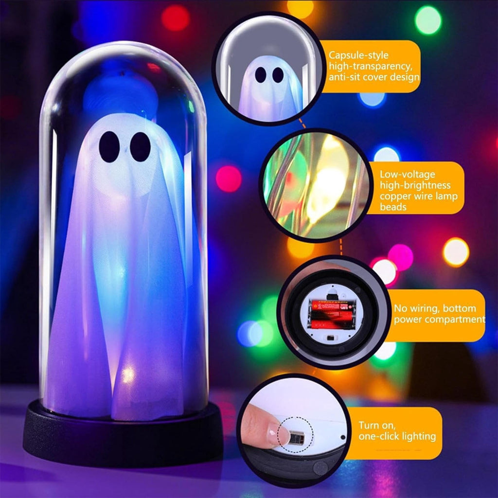 Orangide Halloween Ghost Cloche Night Light Fabric Ghost Lamp with Glass Dome for Mantel Shelf Spooky Party and Home Decor Ornament