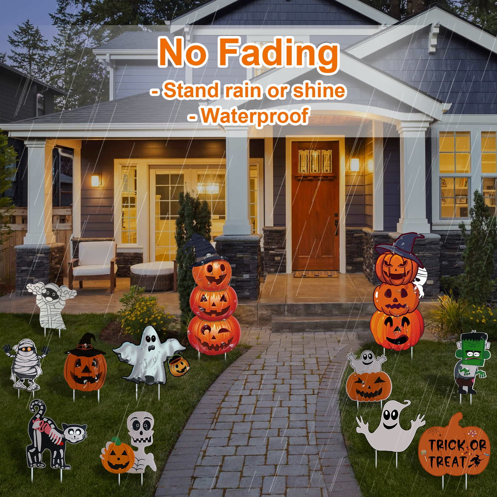 GameXcel Halloween Decorations Outdoor Yard Signs with Stakes, 34.8 in Tall Vertical Pumpkin and Ghost Decor, Weather-Resistant, 2 Count