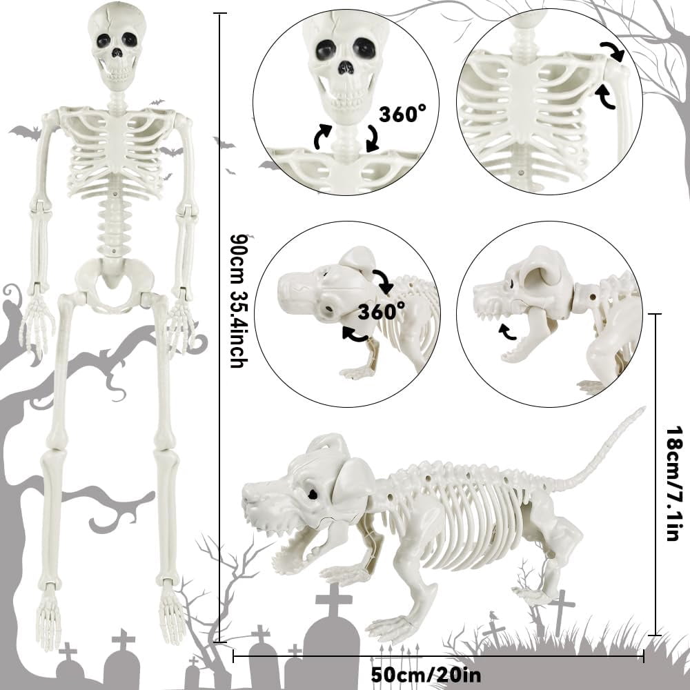 Seravin 2pcs Skeleton and Dog Skeleton Halloween Decorations Posable Skeletons Halloween Decorations Indoor Outdoor