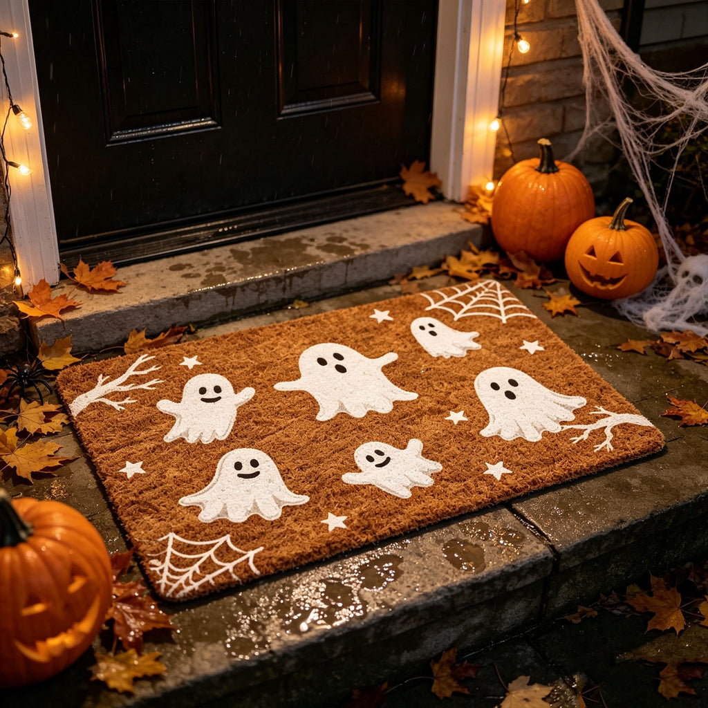 Fllostpr Halloween Pumpkin & Crow Welcome Doormat for Front Door, Non-Slip Vintage Brown Coir Floor Mat for Outdoor Porch Entryway Decor,16x24 Inch