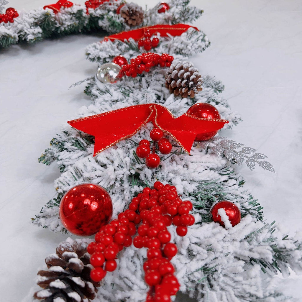 Opehuo Christmas Wreath Outdoor,Artificial Christmas Garland for Front Door with Red Flocking Bowknot,Pine Cones,Red Berries,Indoor and Outdoor Christmas Decorations(B)