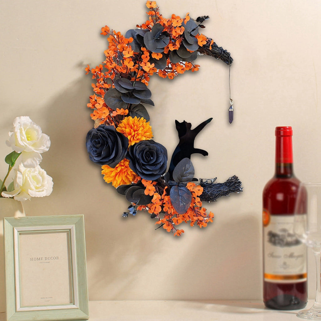 Halloween Moon & Cat Wreath with Lights - Gothic Black Branch Wreath for Front Door, Indoor/Outdoor Spooky Decor with LED Illumination