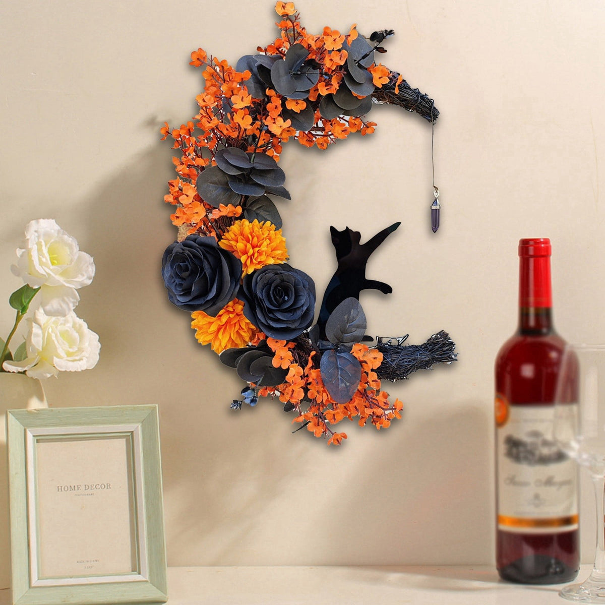 Halloween Moon & Cat Wreath with Lights - Gothic Black Branch Wreath for Front Door, Indoor/Outdoor Spooky Decor with LED Illumination