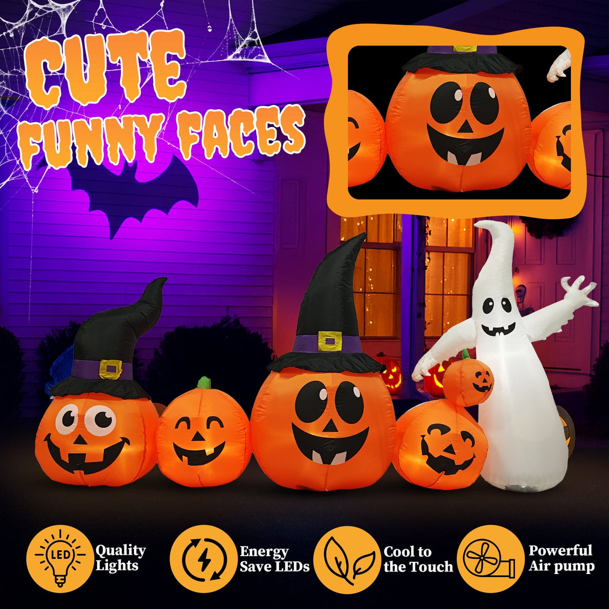Zimtown 8 FT Halloween Inflatables Pumpkin, Halloween Decoration 5 Blow up Pumpkins,Ghost w/ Build-in LEDs for Halloween Party