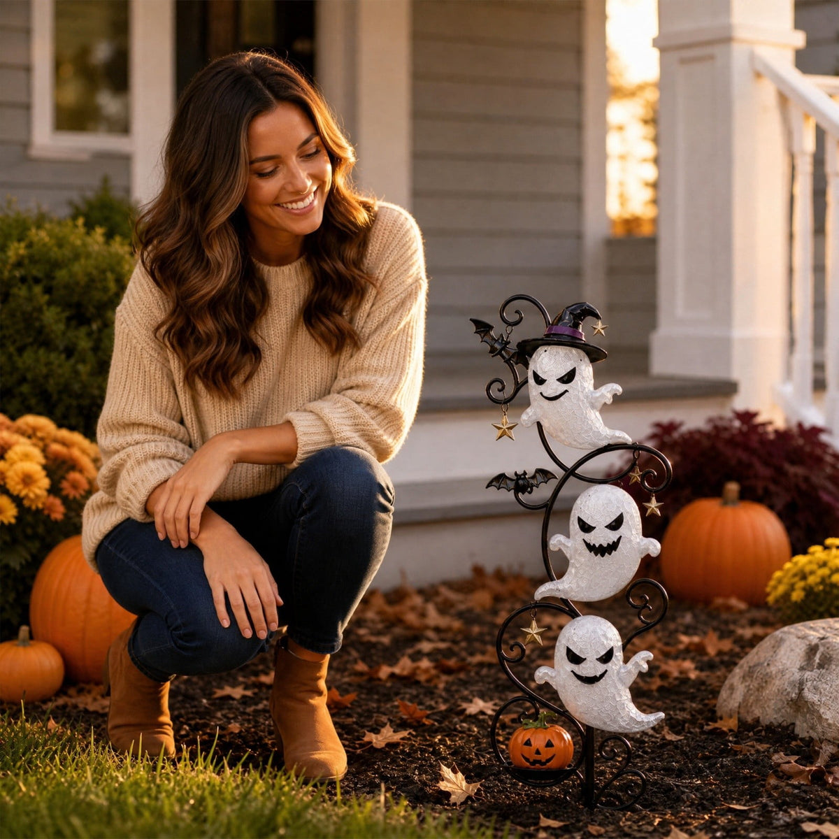Halloween Solar Garden Stake Light,Metal Hanging Pumpkin Lantern Waterproof for Yard Lawn Proch