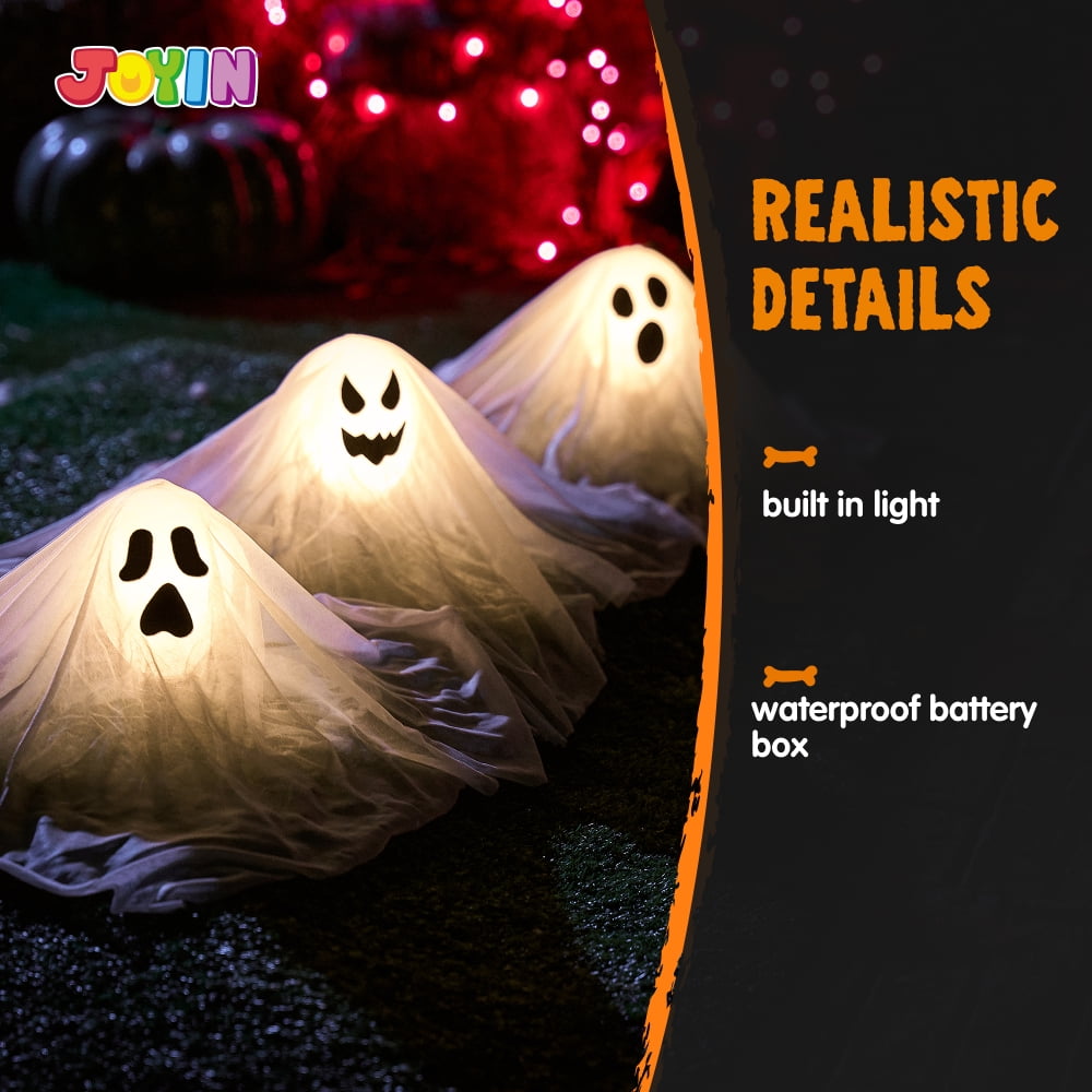 Joyfy 3 Packs Halloween Ghost Decorations Outdoor, Light Up Flying Ghost Pathway Lights， Battery Operated Watereproof Ghost Deocr with 3 Stakes, Halloween Yard Front Porch Haunted House Decorations