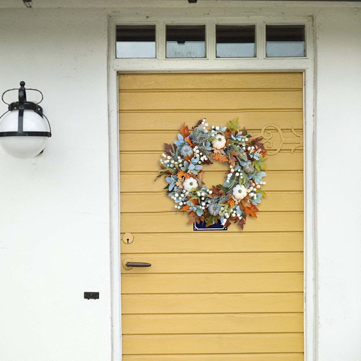 Fall Wreaths for Front Door, Rustic Autumn Artificial Wreath with Pumpkin, Rose, Berry Branchesm, Mixed Leaves, Fall Door Wreath Fall Decorations for Home Halloween Thanksgiving Indoor Outdoor Decor