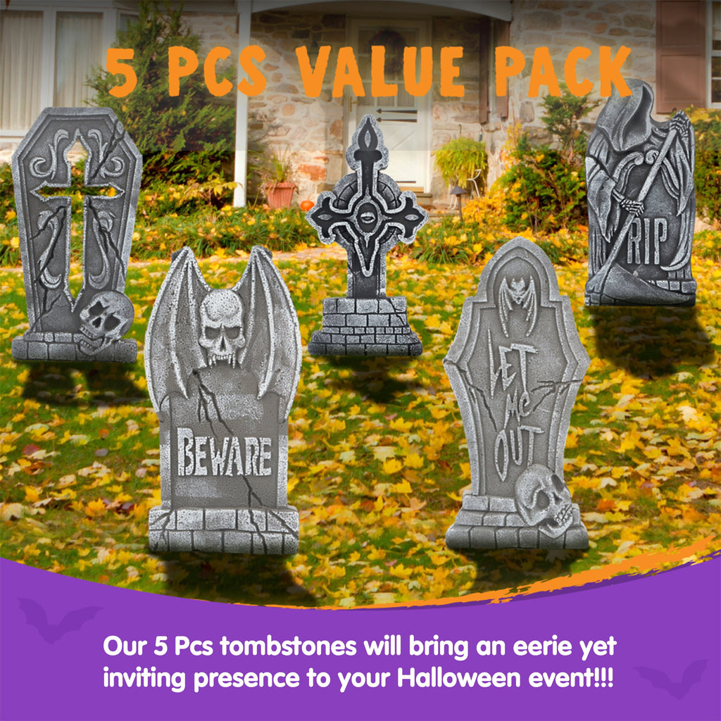 Joyfy 5 Pack Halloween Tombstone Outdoor Decorations,17 Inch Foam RIP Cemetery Headstone Decoration and 12 Halloween Yard Lawn Decoration Metal Stakes