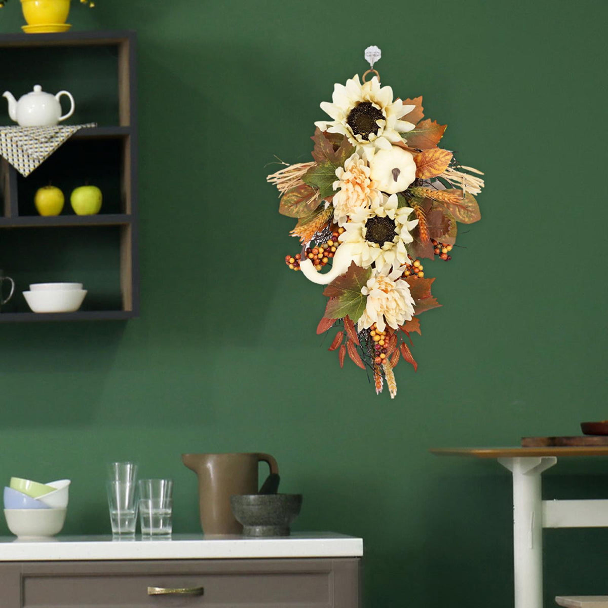 Artificial Wall Swag Fall Harvest Swag Wreath Ornaments Teardrop Wreath Garland for Porch Eaves Stairs Outdoor and Indoor Festivals Window 50cm