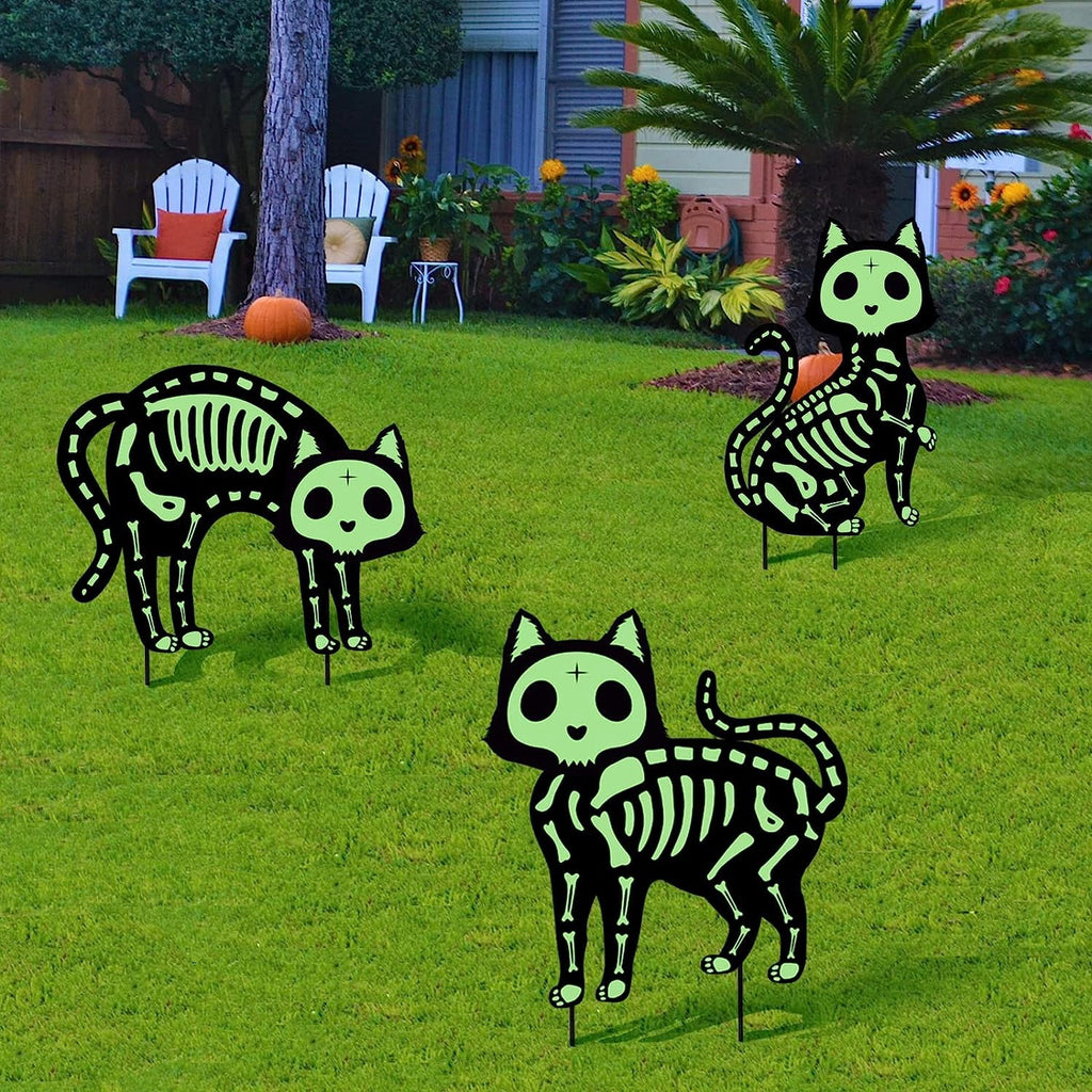 GuassLee 5pcs Glow in the Dark Skeleton Black Cat Silhouette Lawn Signs with Stakes for Halloween Lawn Garden Front Yard Decorations Outside