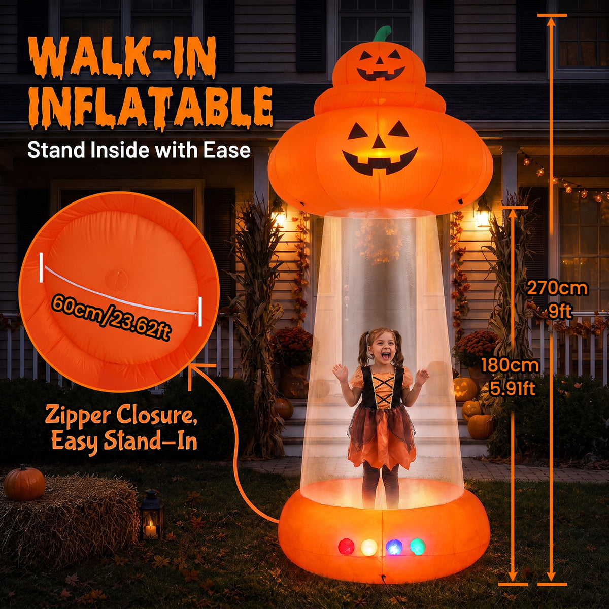 BSHAPPLUS® 9ft Halloween Inflatable Decorations,Blow up Yard Decor with Auto-Scaling Ghost in Pumpkin, Witch, Tombstone,Black Cat,Built-in LED,IP44 Waterproof for Outdoor Lawn Garden Party