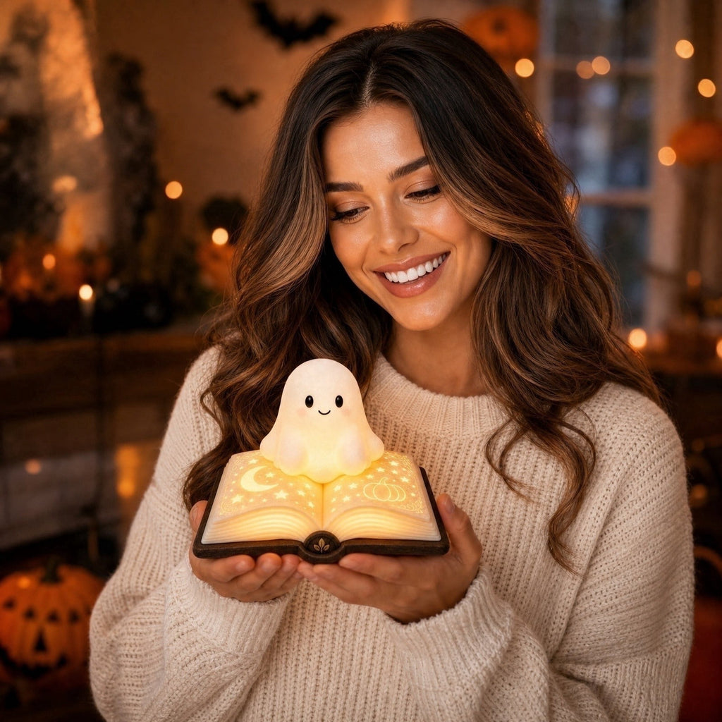Gifts Under $20 Ghost Campfire Night Light, Flickering Flame Nightlight, Halloween 3D Cute Spooky Marshmallow Ghost Decoration for Bedroom, Spooky Season Home Halloween Decor for Ki*ds Adults