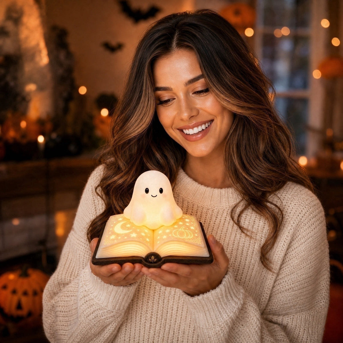 Gifts Under $20 Ghost Campfire Night Light, Flickering Flame Nightlight, Halloween 3D Cute Spooky Marshmallow Ghost Decoration for Bedroom, Spooky Season Home Halloween Decor for Ki*ds Adults