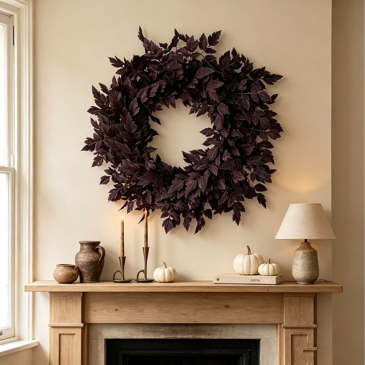 Fall Decor - Fall Wreaths for Front Door, 24 Inch Plum Cimicifuga Leaves Wreath, Autumn Harvest Halloween Decorations for Home Indoor Outdoor Mantle Window Wall Kitchen, Black