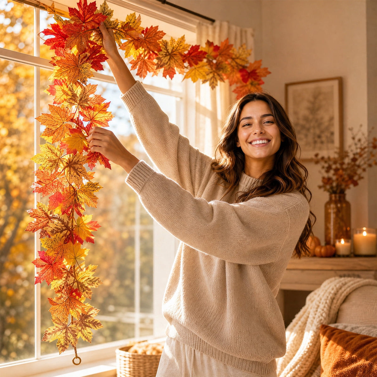 WKSCLPAI Halloween Maple Leaf Garland, Fall Vine Wreaths for Autumn Festivities Decor,Seasonal Garlands for Home,Halloween & Fall Decorations