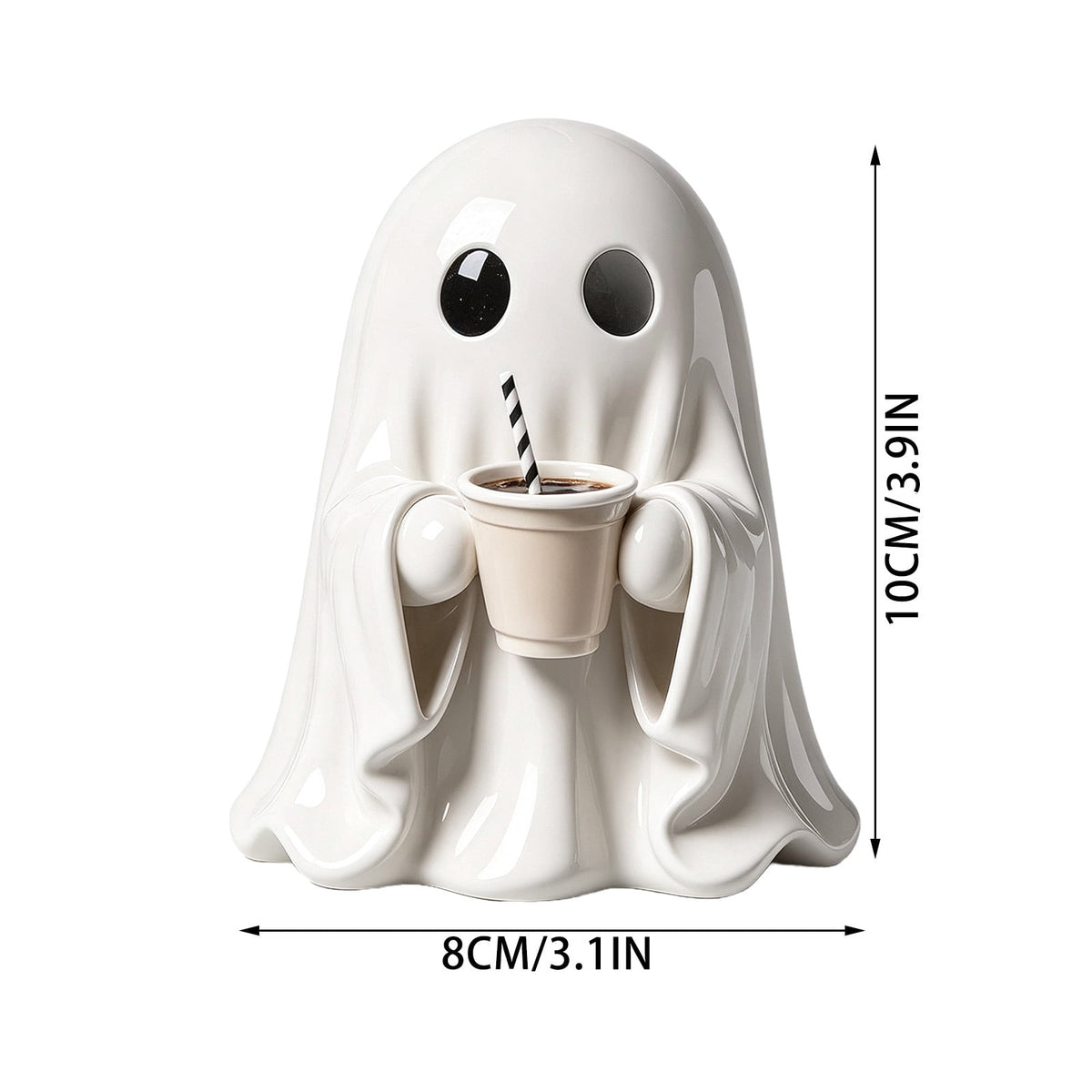 Halloween Ghost Figurine, Ghost Girl with Pink Bow & Hot Drink, Funny Ghost Statue Halloween Decor for Gift, Cute Spooky Tabletop Ornament for Home, Mantle, Desk & Party Decoration