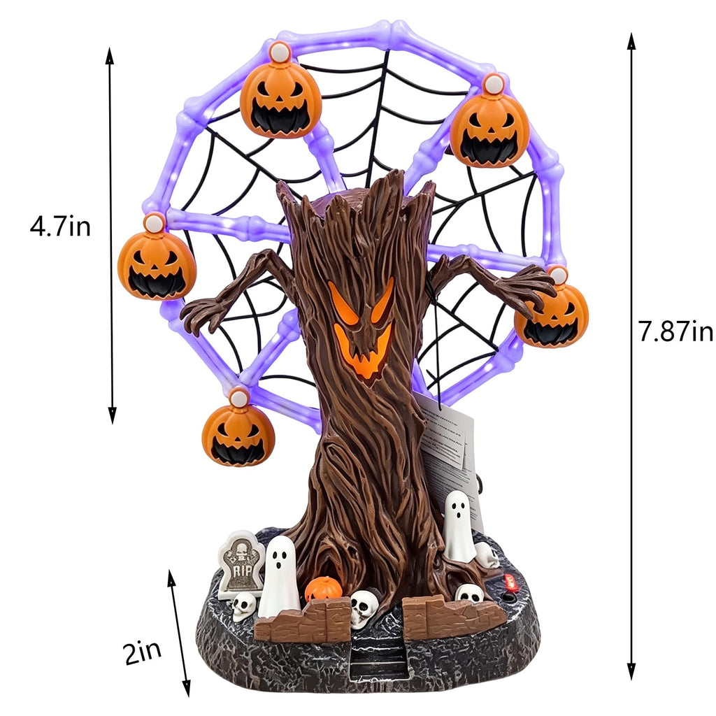 Hanging Solar Lights, Garden, Animated Halloween Ferris Wheel Tabletop Decor with Purple LED, Moving Skeleton Cauldrons, Spooky Tree Centerpiece for Party