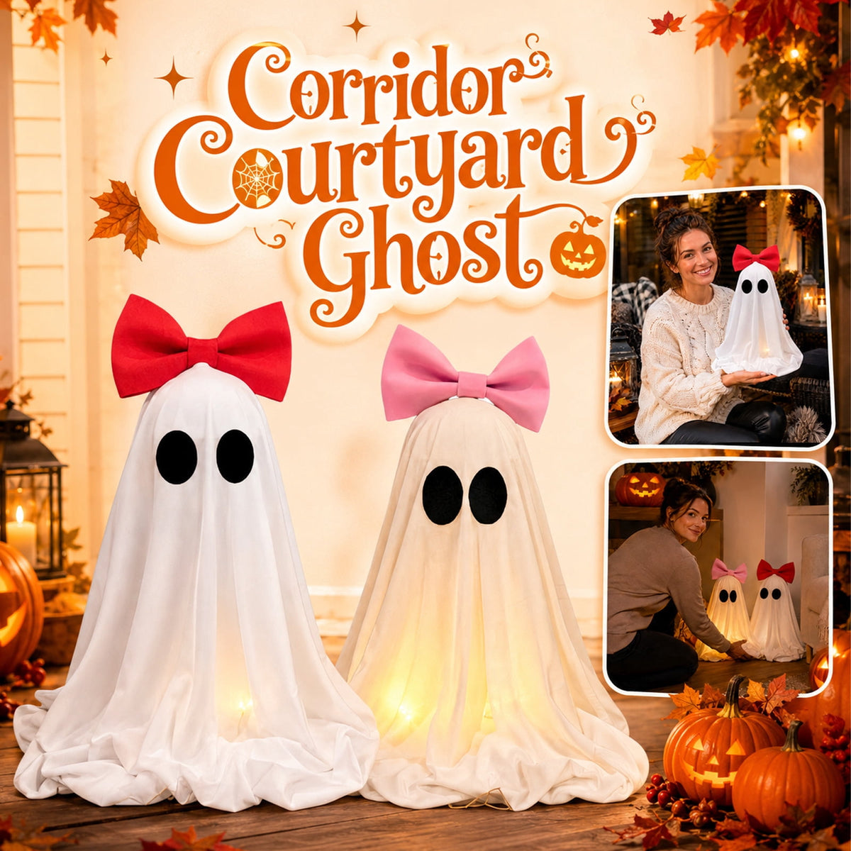 Halloween Decorations Indoor Light Up Ghosts with Bow, Easy to Assemble Light Up Spooky Ghosts Decoration Halloween Party Decorations for Porch Yard Mantel Home