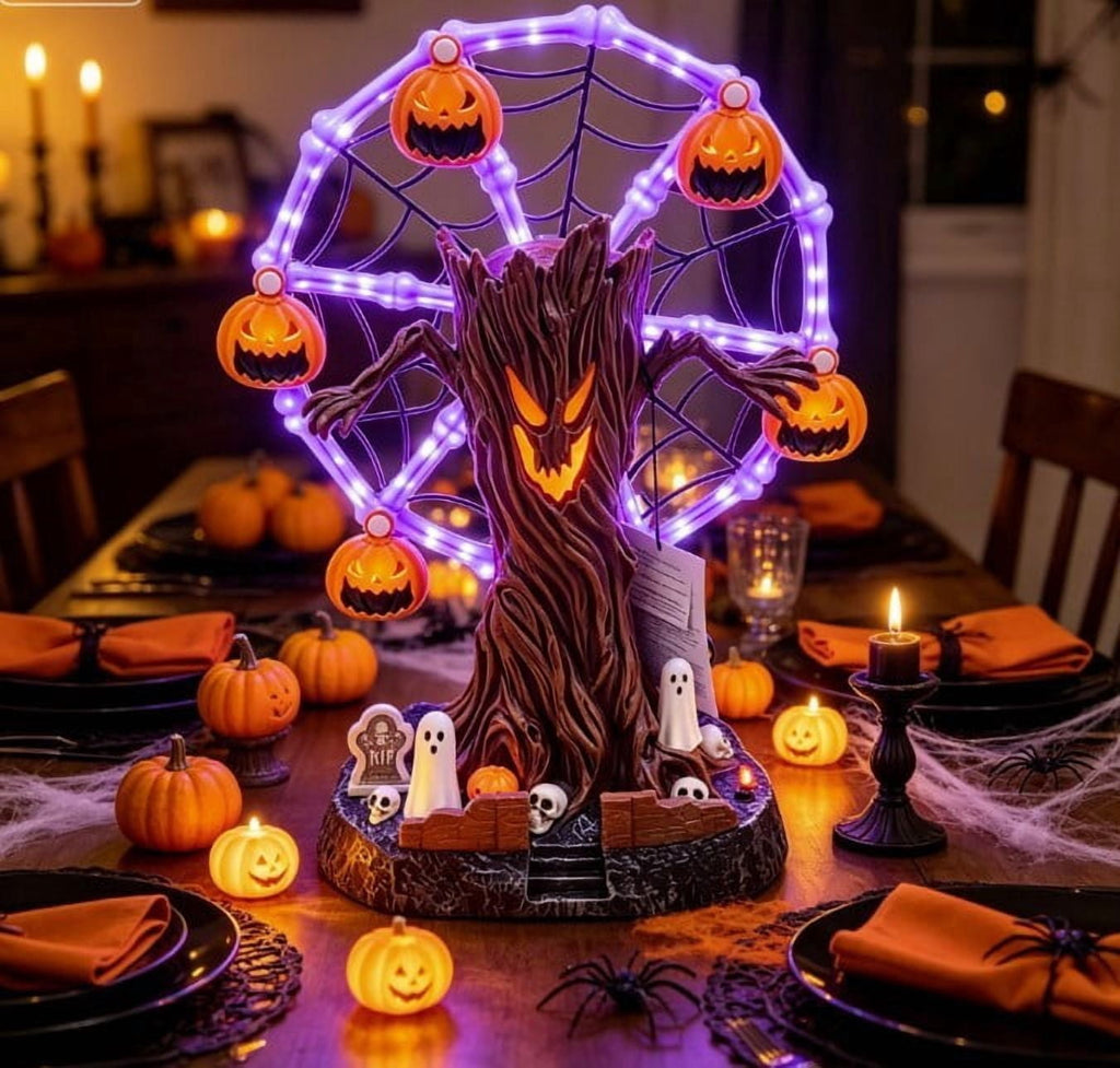 Animated Halloween Ferris Wheel Tabletop Decor - Light Up Spooky Tree with Purple LED, Moving Skeletons and Cauldrons, Haunted Graveyard Scene Centerpiece