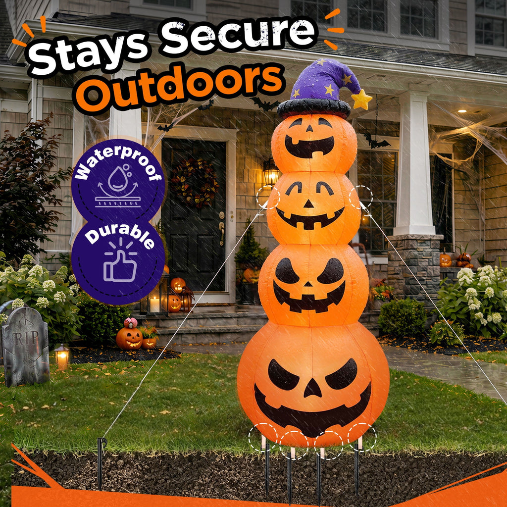 Goosiay 8ft Halloween Inflatable, Stacked Pumpkins with Witch Hat and Built-in LED Lights, Outdoor Blow up Yard Decor for Lawn, Garden, Porch and Halloween Party, Orange
