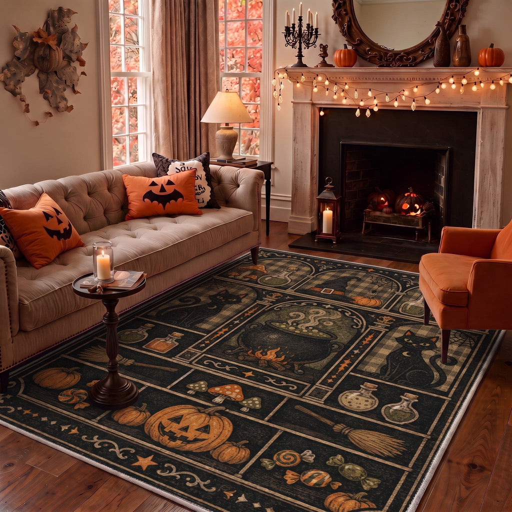GENIMO 5'x7' Halloween Area Rug for Living Room, Washable Non Slip Soft Vintage Pumpkin Indoor Rug for Bedroom Dining Room Home Office, Antique Moss