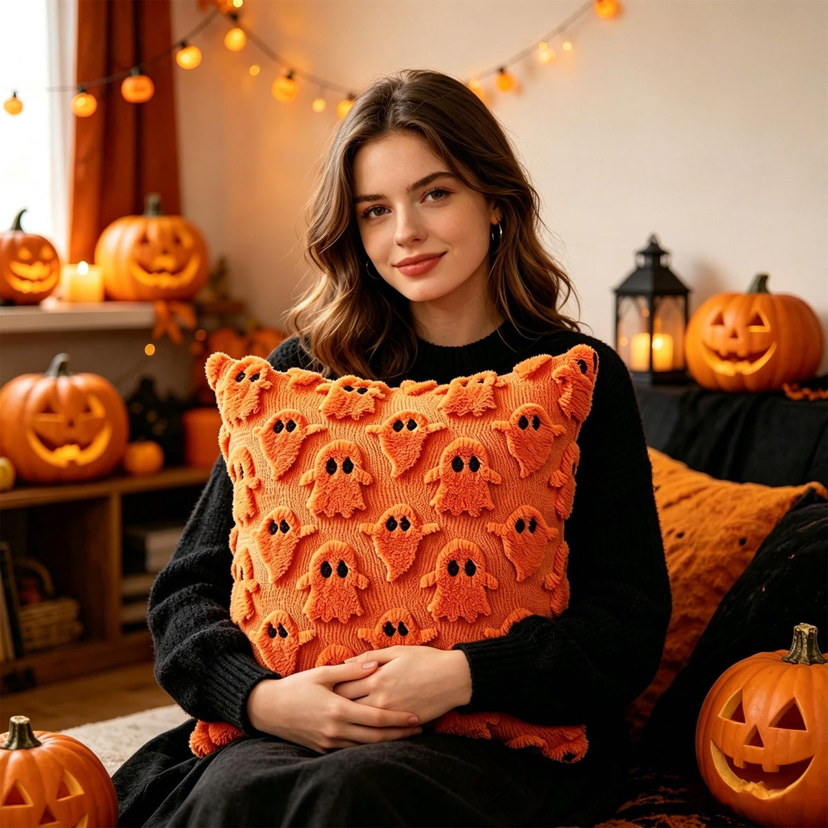 Decorative Pillow Orange Ghost Plush Throw Pillow Cover 18X18 Inch Halloween Home Decor for Couch Bedroom Holiday Decor