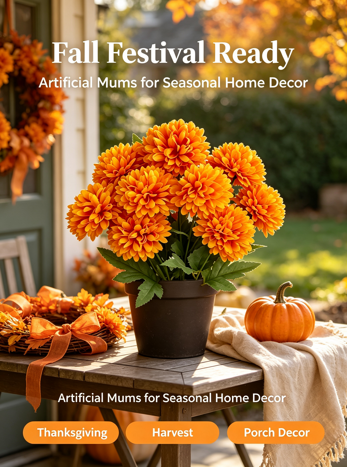 1Pack Faux Fall Mums for Outside Artificial Mums Outdoor Clearance Chrysanthemum Bush Silk - Orange Fall Decorations for Home Fall Wedding Flowers