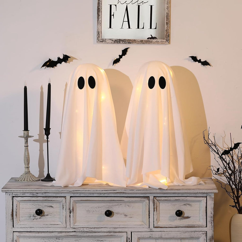 TETOU 2 Packs Halloween Spooky Ghosts with String Lights,Scary Cute Ghost for Halloween Decoration Indoor Party Home Table Room Kitchen Fireplace Decor