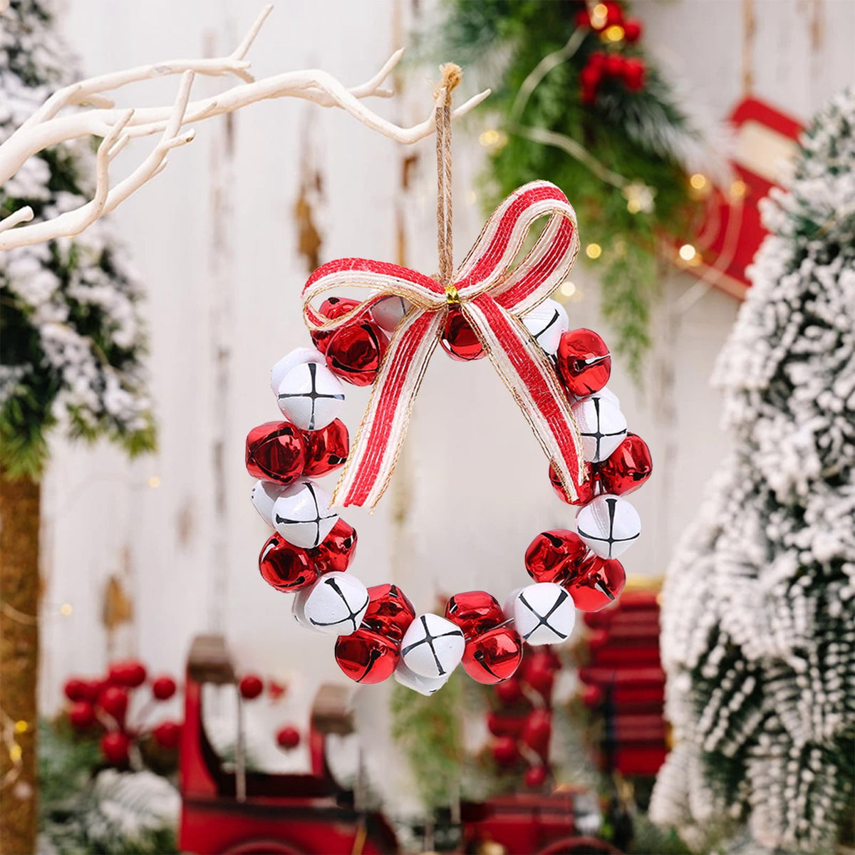 Christmas Bell Wreath Xmas Bell Garland with Bow Front Door Wreath Festival Hanging Ornament for Party Table Fireplaces Porch Walls New Years Halloween Home Decor