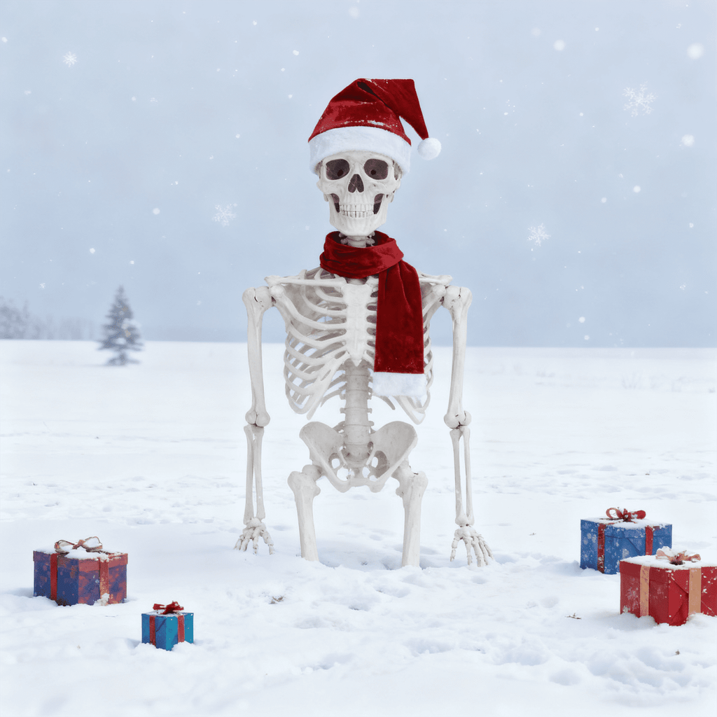 Giant Skeleton Christmas Outfit,12ft Skeleton Christmas Accessories Costume Including Giant Santa Hat,Xmas Banners,Scarf for Garden Lawn Indoor Outdoor Decor