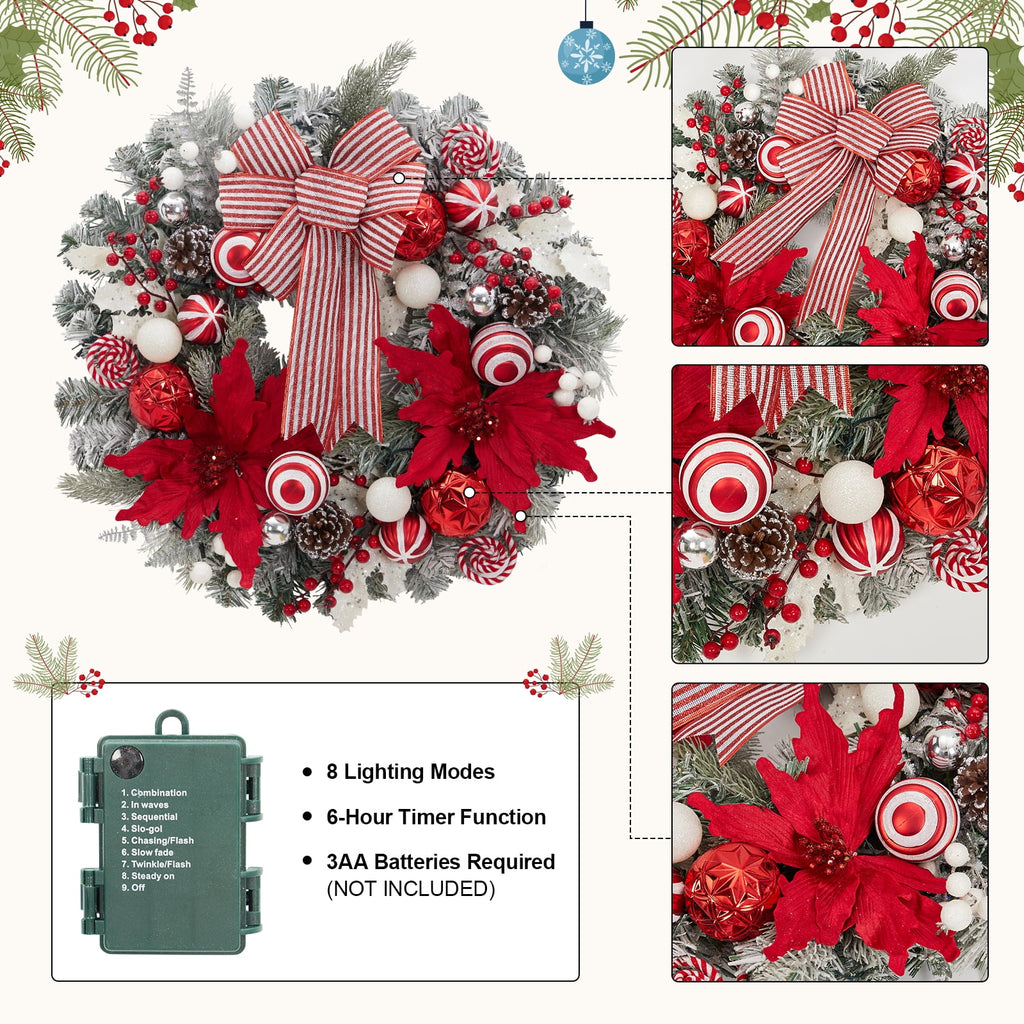 JoanKaren 24 inch Large Christmas Wreath Silver White with 20 LED Lights,Prelit Xmas Wreath w/ Ball Ornaments Pine Cone