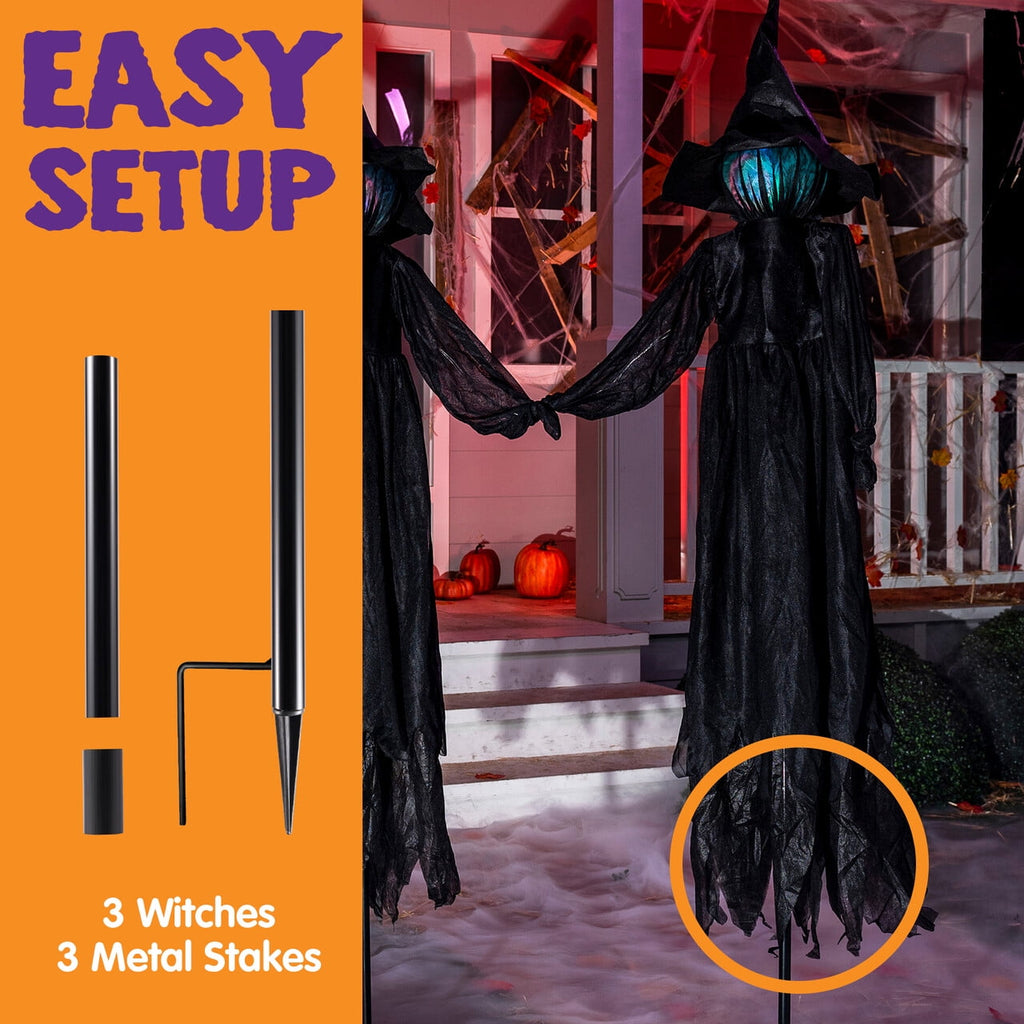 Joyfy 3 Pack Witches Halloween Decorations Outdoor, 51" Sound Activated Light Up Flying Witch Stakes with Color Changing Face & Creepy Sound, Life Size Halloween Props for Lawn Grave Party