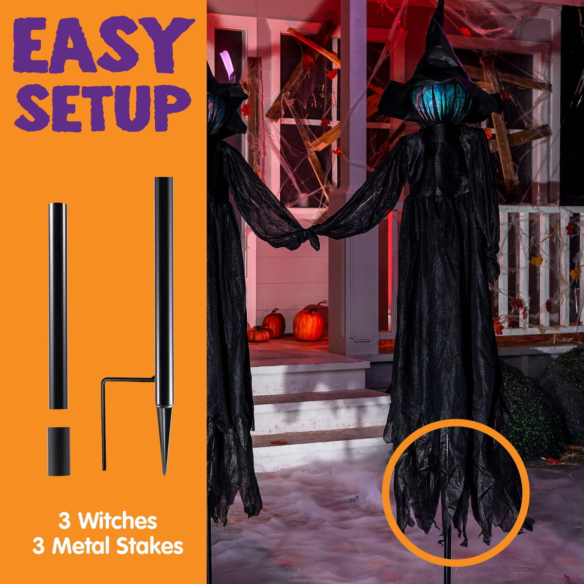 Joyfy 3 Pack Witches Halloween Decorations Outdoor, 51" Sound Activated Light Up Flying Witch Stakes with Color Changing Face & Creepy Sound, Life Size Halloween Props for Lawn Grave Party