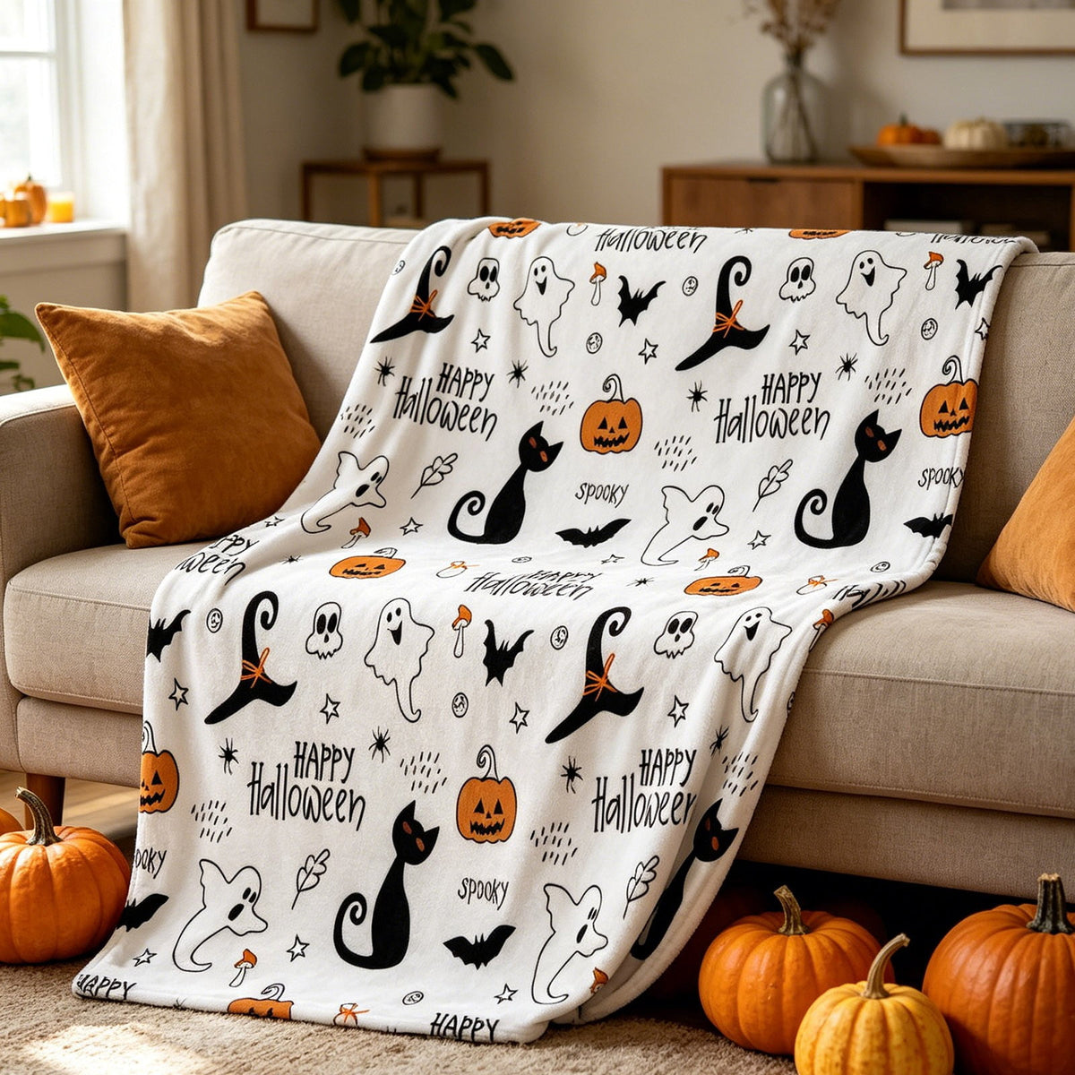 Halloween blanket,Halloween Print Throw Blanket Flannel Soft Cozy Decorative Nap Blanket with Ghost Pumpkin Skull for Office Bedroom Sofa Camping Travel(100x150cm/39x59 Inch),Black