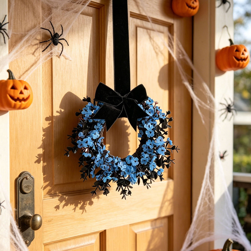FXMLRLK 1 Pack Halloween Cabinet Wreaths with Ribbon Bows Artificial Flowers Kitchen Wreath for Window Front Door Farmhouse Wall Halloween Decorations, Blue