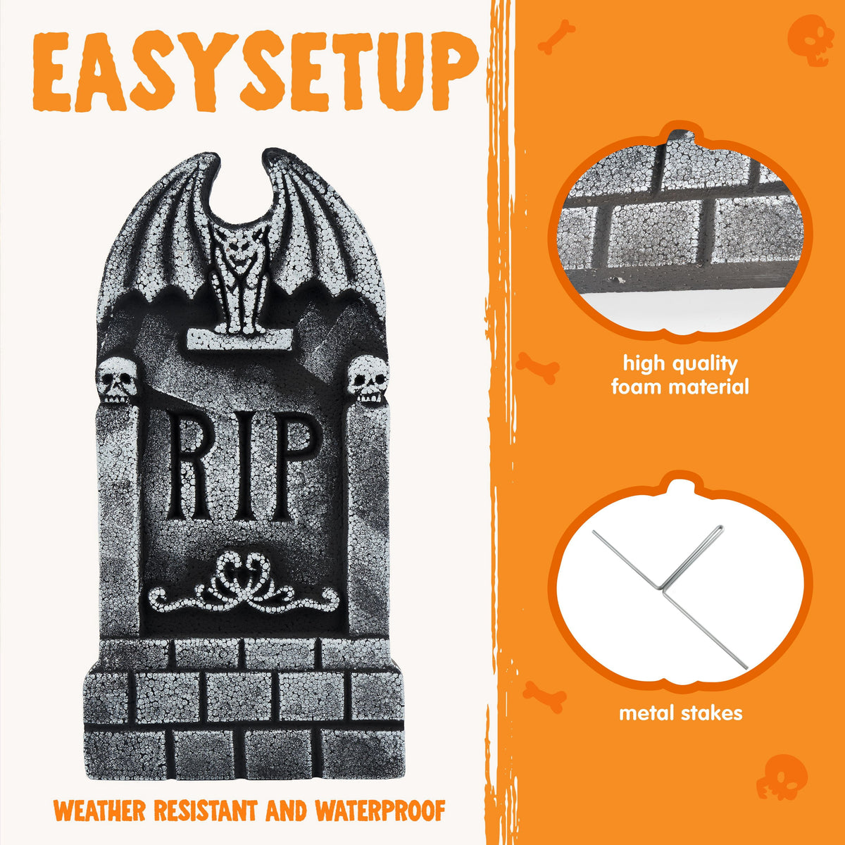 Joyfy 5 Pack Halloween Tombstone Outdoor Decorations,17 Inch Foam RIP Cemetery Headstone Decoration and 12 Halloween Yard Lawn Decoration Metal Stakes
