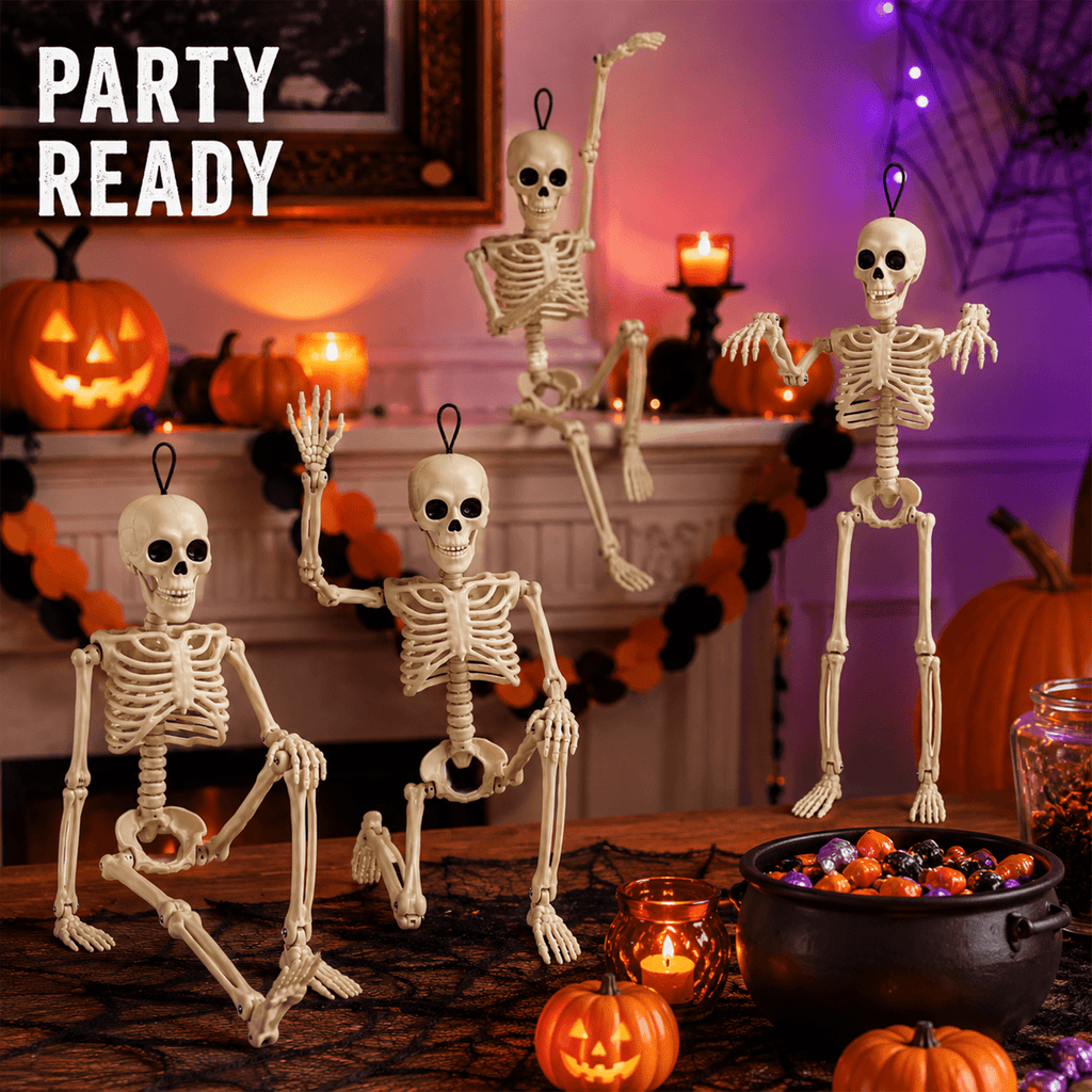 LOMYOLO 4 Pack Halloween Skeleton Decorations, 16 Inch Posable Hanging Skeletons with Movable Joints for Halloween Party, Haunted House, Graveyard, Yard, Porch, Indoor Outdoor Holiday Decorations