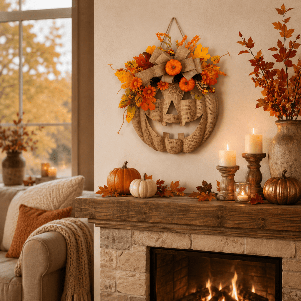 Lighted Burlap Pumpkin Wreath with Remote Control 🎃✨ Cozy Fall Door Decor with 8 Light Modes & Warm LED Glow Halloween Decor