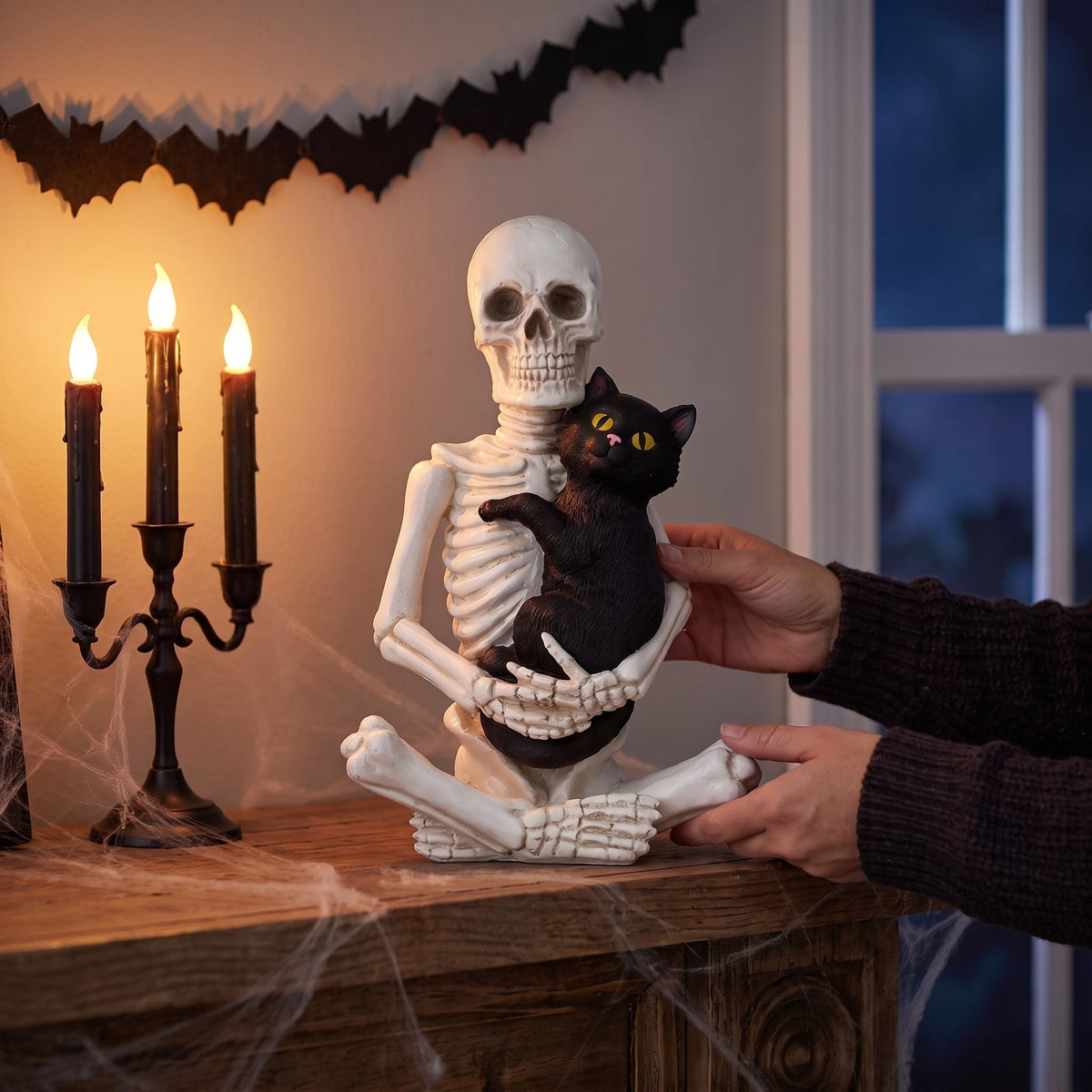 Skeleton and Cat Decoration, Black and White, 8.8", Halloween by Way To Celebrate