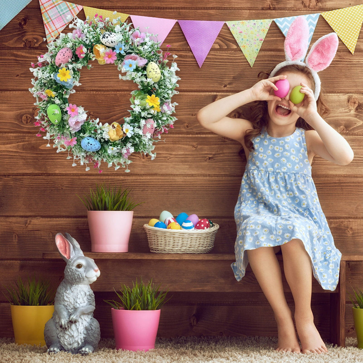Clearance Items 35CM Easter Egg Wreath – Spring Berry & Leaves Garland, Colorful Egg Front Door Hanging Decoration for Holiday & Seasonal Decor