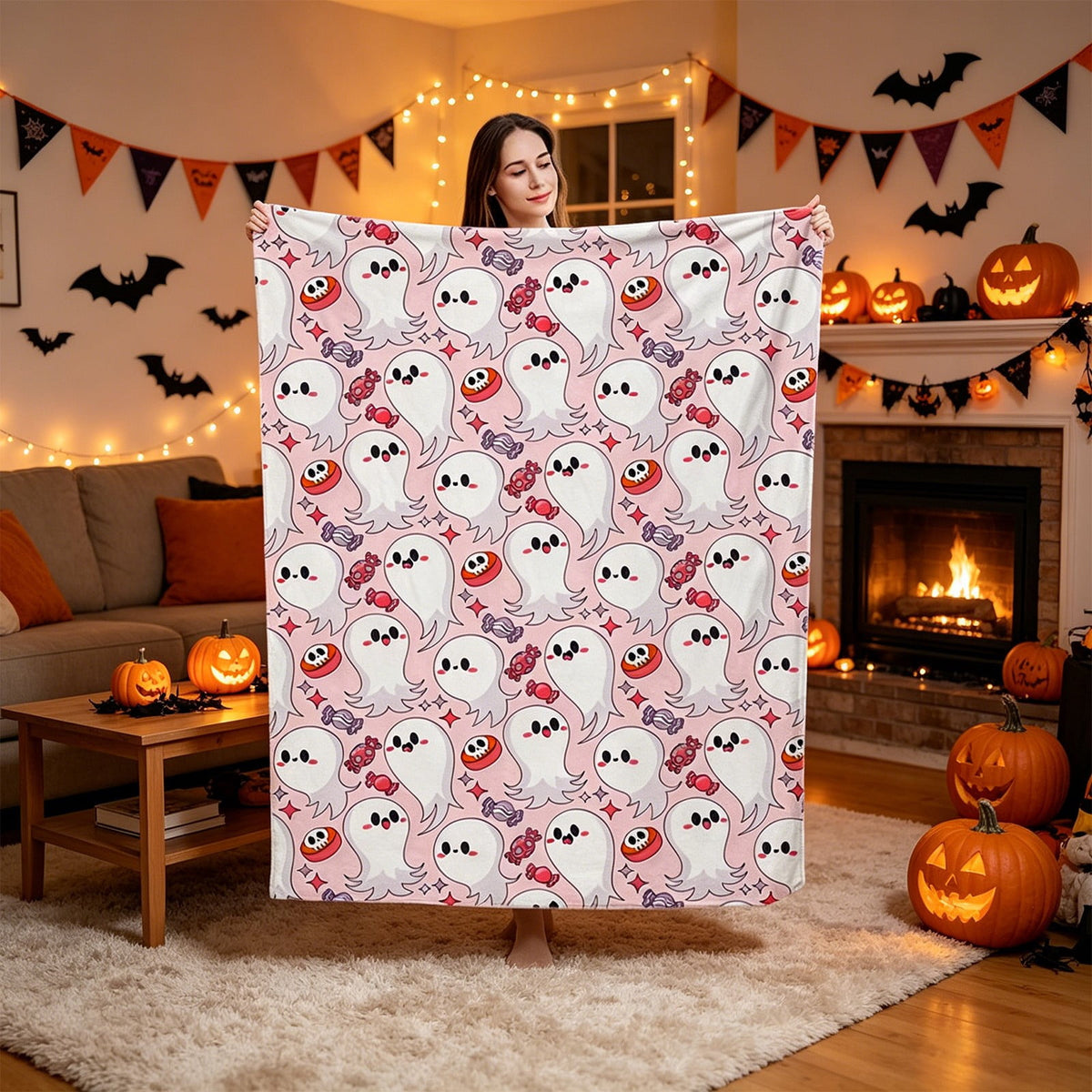 Halloween blanket,Halloween Print Throw Blanket Flannel Soft Cozy Decorative Nap Blanket with Ghost Pumpkin Skull for Office Bedroom Sofa Camping Travel(100x150cm/39x59 Inch),Black