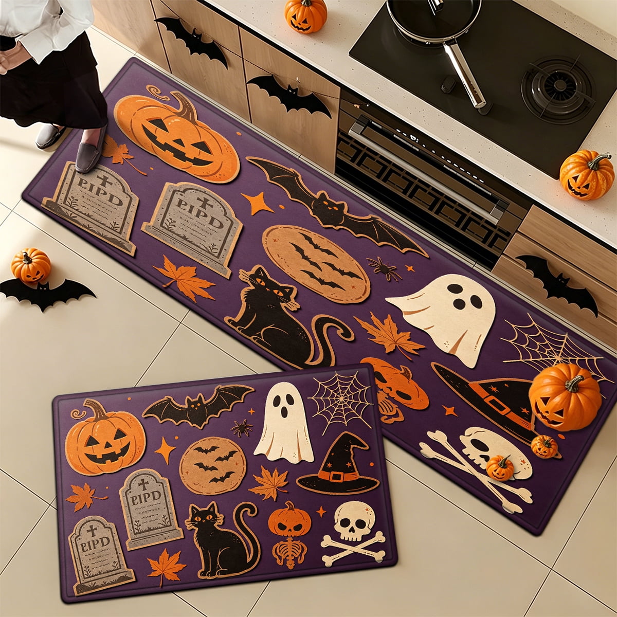 YIMEIS Halloween Pumpkin Lanterns Multi-purpose 1-Piece Flannel Mat and Kitchen Rugs,Soft Non-slip for Home Bedroom Bathroom