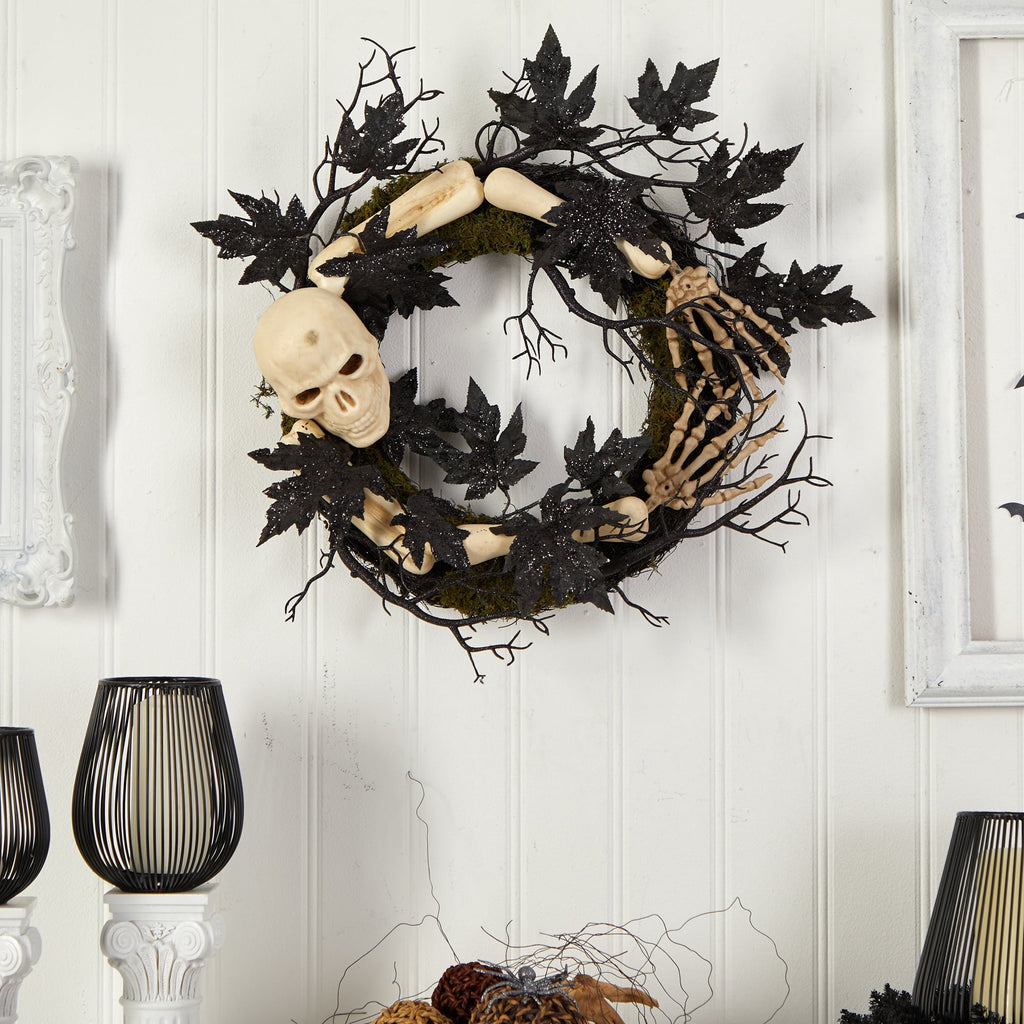 Nearly Natural 24in. Halloween Skull and Bones Wreath