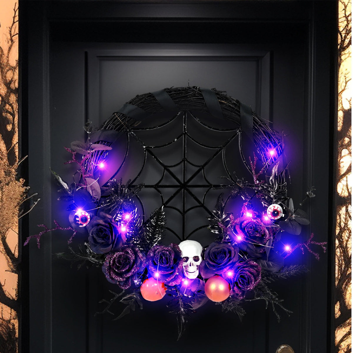 SDJMA Halloween Wreath Front Door Decoration, 18'' Artificial Skull Wreathhandmade Black Grapevine Wreath With Pumpkin Rose Spider, For Indoor Outdoor Home Halloween Party Decoration