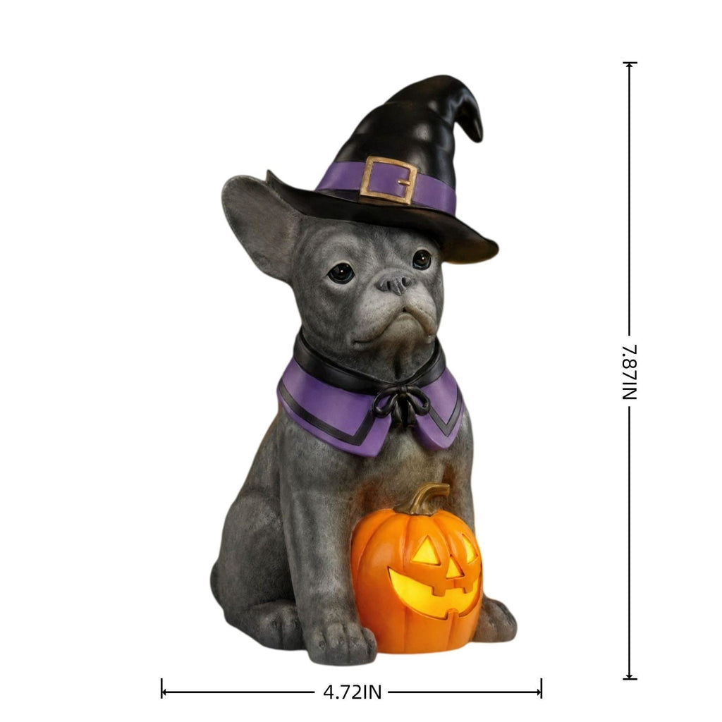 Clearance! Halloween Light‑Up Dog Figurine, 7.9in Scarecrow Dog Statue with Glowing Pumpkin, Waterproof Resin Table Yard Decor
