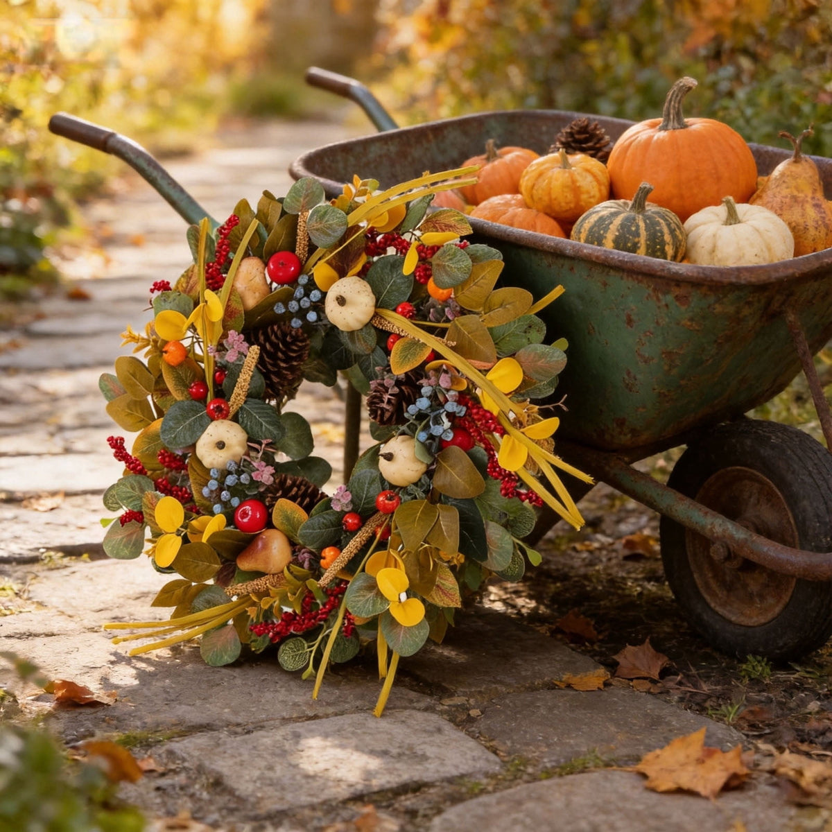 ICQOVD Halloween Pumpkin Maple Leaf Wreath with Skeleton Ornament Orange Black Bow Front Door Hanging Fall Home Decoration 15.75*15.75*3.15IN