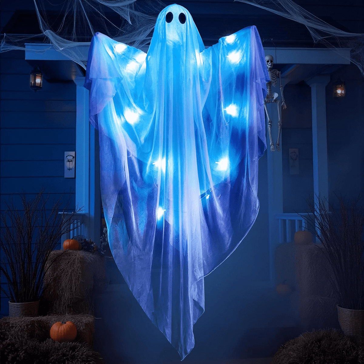 Ayieyill Halloween Ghost Decor with Blue LED Light, 47” Light up Hanging Ghost Halloween Yard Porch Decorations Outdoor