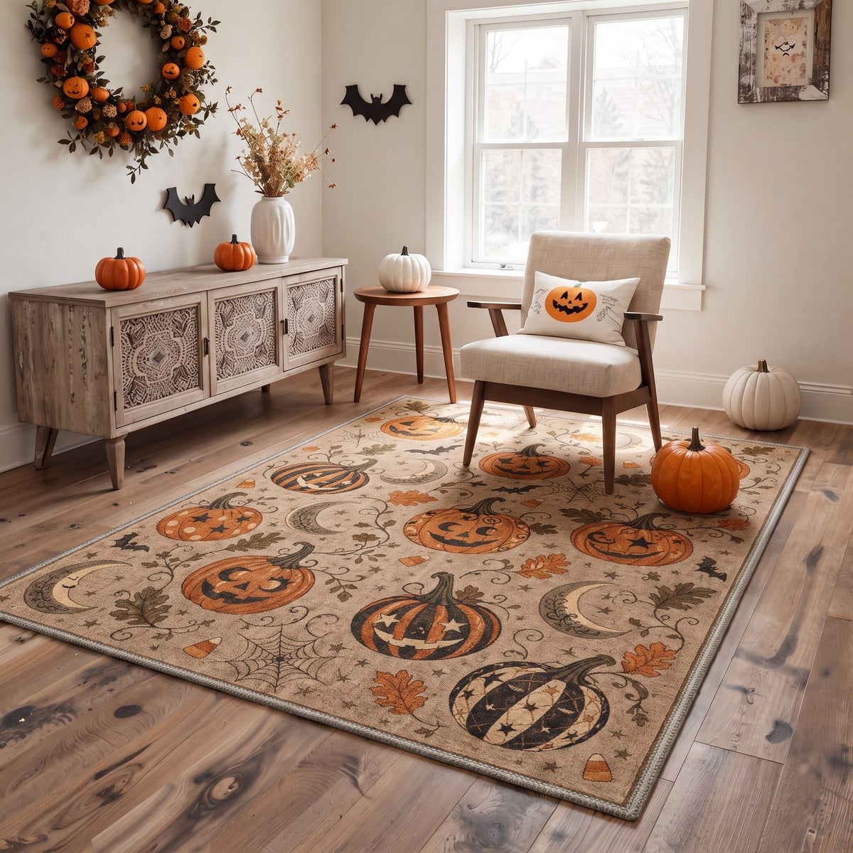 GENIMO 5'x7' Halloween Area Rug for Living Room, Washable Non Slip Soft Vintage Pumpkin Indoor Rug for Bedroom Dining Room Home Office, Antique Moss